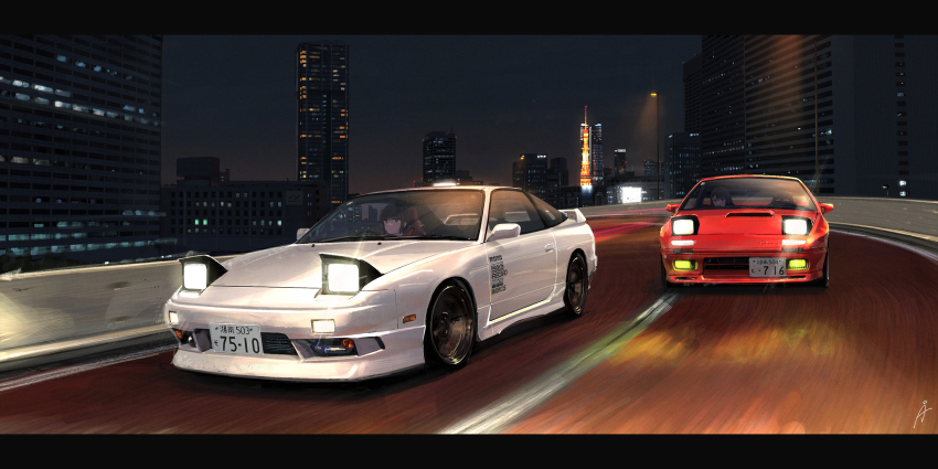 2girls building car city cityscape closed_mouth driving highres highway lamppost letterboxed license_plate mazda mazda_rx-7 motor_vehicle multiple_girls night night_sky nissan nissan_180sx original outdoors pop-up_headlights racing red_car road rudeko32 scenery sky skyscraper smile sports_car sticker vehicle_focus white_car