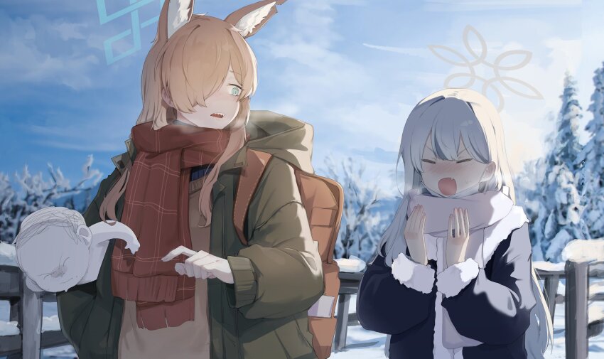 1boy 2girls absurdres alternate_costume animal_ear_fluff animal_ears bag black_jacket blonde_hair blue_archive blue_eyes blush brown_bag brown_scarf brown_sweater carrying carrying_person carrying_under_arm closed_eyes dog_ears dog_girl doodle_sensei_(blue_archive) fang green_jacket gurenola hair_between_eyes hair_over_one_eye hand_in_pocket highres holding holding_bag jacket kanna_(blue_archive) konoka_(blue_archive) long_hair looking_at_another multiple_girls open_mouth plaid_clothes plaid_scarf pointing pointing_forward scarf sensei_(blue_archive) sharp_teeth sidelocks snow steam_from_mouth sweatdrop sweater teeth warming_hands white_hair white_scarf