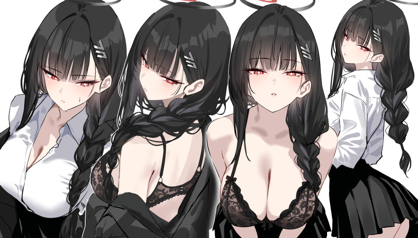 1girl absurdres bare_shoulders black_bra black_hair black_skirt blue_archive bra braid breasts bright_pupils cleavage collared_shirt hair_ornament hairclip halo highres large_breasts long_hair looking_at_viewer multiple_views parted_lips pleated_skirt red_eyes rio_(blue_archive) shigure_s shirt simple_background skirt underwear white_background white_pupils white_shirt
