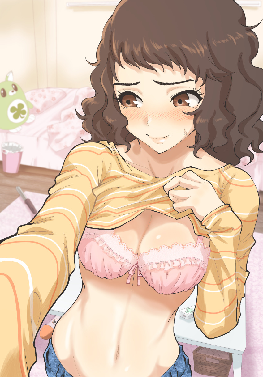 1girl absurdres bed bedroom blurry blurry_background blush bra breasts brown_eyes brown_hair cleavage closed_mouth clothes_lift clover collarbone cowboy_shot curling_iron female_focus four-leaf_clover groin highres indoors kawakami_sadayo kurosususu lifting_own_clothes lips long_sleeves looking_to_the_side medium_breasts medium_hair navel nose_blush outstretched_arm persona persona_5 pink_bra selfie solo stomach sweat sweatdrop sweater sweater_lift trash_can underwear upper_body yellow_sweater