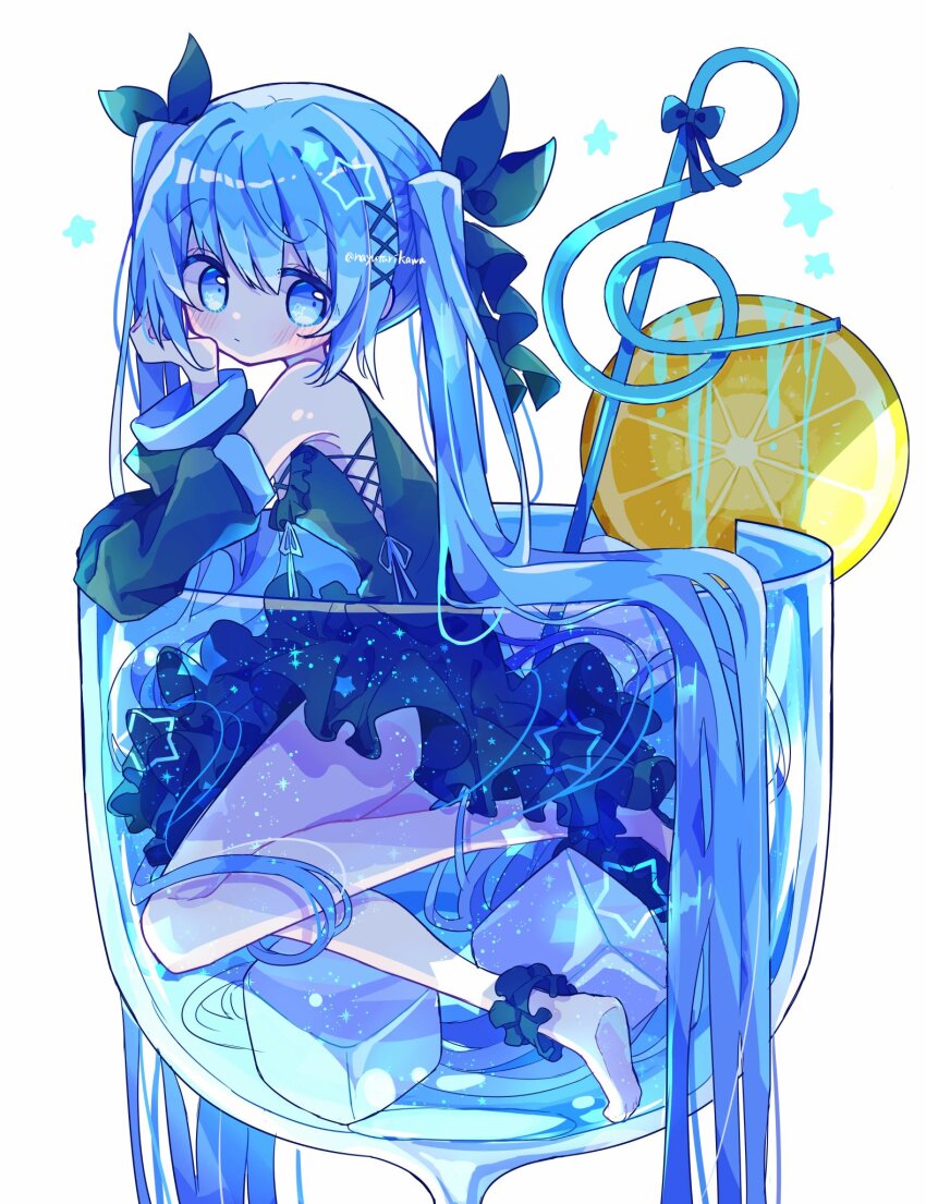 1girl bare_shoulders barefoot black_dress black_ribbon black_sleeves blue_eyes blue_hair blush closed_mouth commentary cup detached_sleeves dress drinking_glass food fruit full_body futaba969649 hair_ornament hair_ribbon hatsune_miku head_rest highres ice ice_cube in_container in_cup lemon lemon_slice long_hair looking_at_viewer ribbon simple_background sleeveless sleeveless_dress solo symbol-only_commentary twintails very_long_hair vocaloid white_background x_hair_ornament