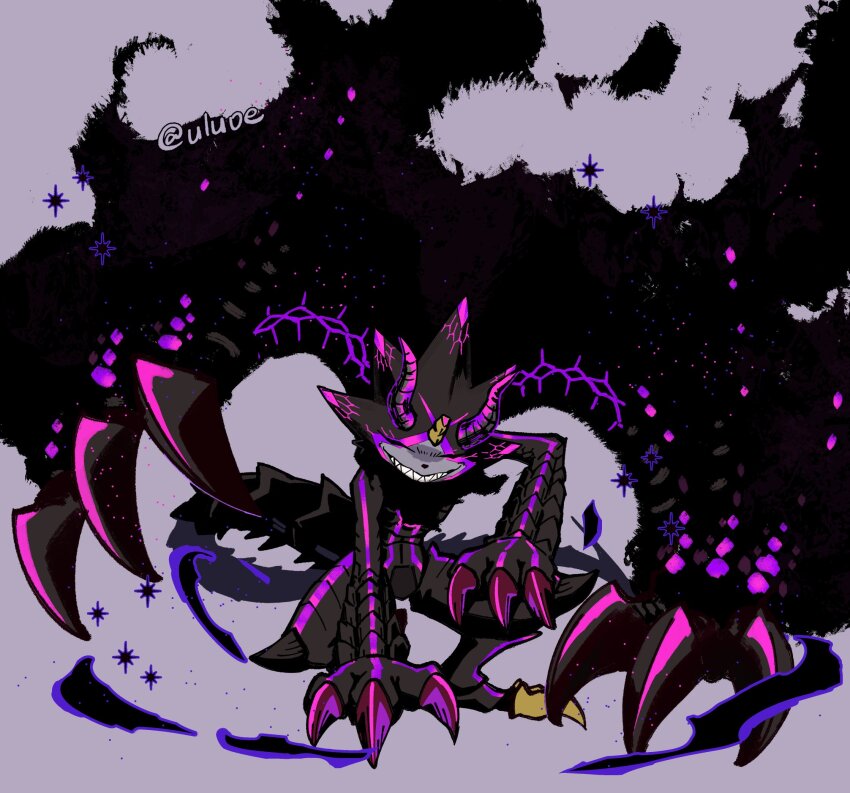 1other black_scales black_skin broken_horn cape claws closed_eyes colored_skin digimon digimon_(creature) digimon_ghost_game evil_grin evil_smile full_body gore_magala grey_background grin gulusgammamon hand_on_ground hand_on_leg highres horns monster_hunter_(series) nebula neon_trim no_humans on_one_knee sharp_teeth smile solo tail teeth twitter_username uluoe