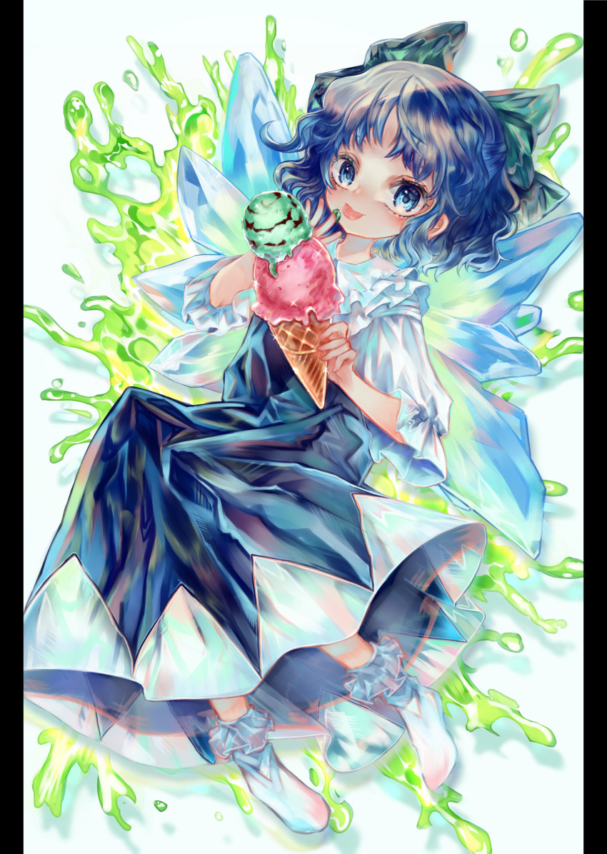 1girl :p absurdres blue_dress blue_eyes blue_hair blush bobby_socks bow cirno commentary dress food frilled_shirt_collar frills full_body green_bow hair_bow highres ice ice_cream ice_cream_cone ice_wings looking_at_viewer medium_hair pillarboxed shirt three-quarter_sleeves socks solo syukou tongue tongue_out touhou white_shirt wings