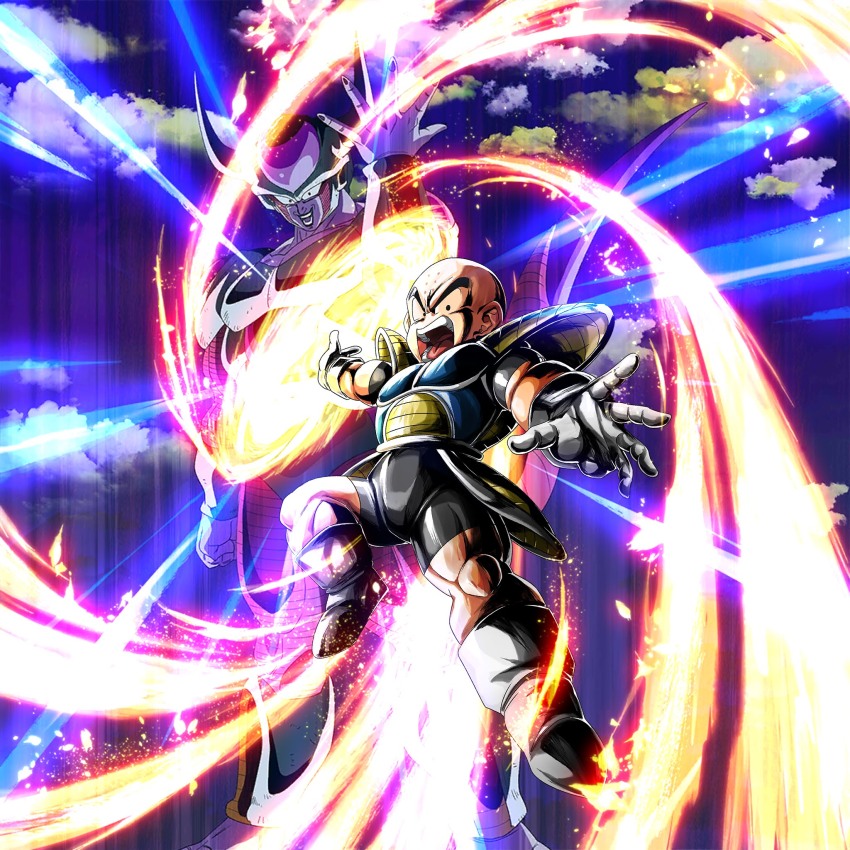 2boys bald bald_male black_eyes dragon_ball frieza highres kienzan kuririn looking_at_viewer multiple_boys muscular muscular_male official_art saiyan_armor serious