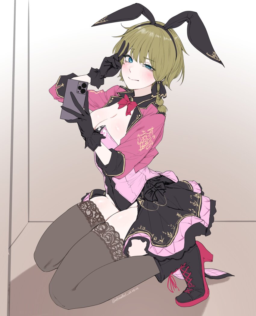 1girl absurdres animal_ears blonde_hair borrowed_clothes borrowed_hairstyle braid breasts cosplay english_text fake_animal_ears full_body highres holding holding_phone lop_rabbit_ears m4skedboi medium_breasts myroslava_bozhuk original phone rabbit_ears seiza short_hair sitting v