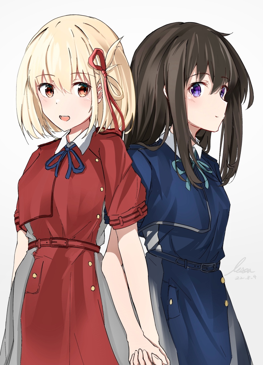 2girls absurdres black_hair blonde_hair blue_dress blue_ribbon commentary dated dress hair_between_eyes hair_ribbon highres holding_hands inoue_takina lesoa looking_at_viewer lycoris_recoil lycoris_uniform multiple_girls neck_ribbon nishikigi_chisato purple_eyes red_dress red_ribbon ribbon sidelocks signature simple_background smile two-tone_dress upper_body white_background