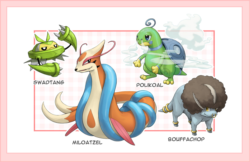 :&lt; black_eyes border bouffalant bright_pupils claws closed_mouth commentary fang fang_out floatzel fusion gen_1_pokemon gen_3_pokemon gen_4_pokemon gen_5_pokemon kazuko_(towa) machop metang milotic nintendo pokemon police smoke standing swadloon torkoal white_pupils