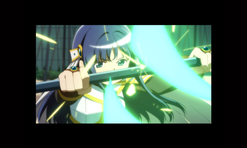 1girl anime_coloring armor artist_request battle black_border black_shirt blue_eyes blue_hair blue_ribbon border breastplate brown_bridal_gauntlets covered_mouth determined dot_nose floating_hair furrowed_brow game_cg hair_intakes holding holding_polearm holding_weapon indoors light_blush long_hair long_sleeves looking_ahead magia_record:_mahou_shoujo_madoka_magica_gaiden magical_girl mahou_shoujo_madoka_magica nanami_yachiyo neck_ribbon official_art pauldrons polearm ribbon shielding shirt shoulder_armor solo turtleneck turtleneck_shirt upper_body veil weapon white_veil