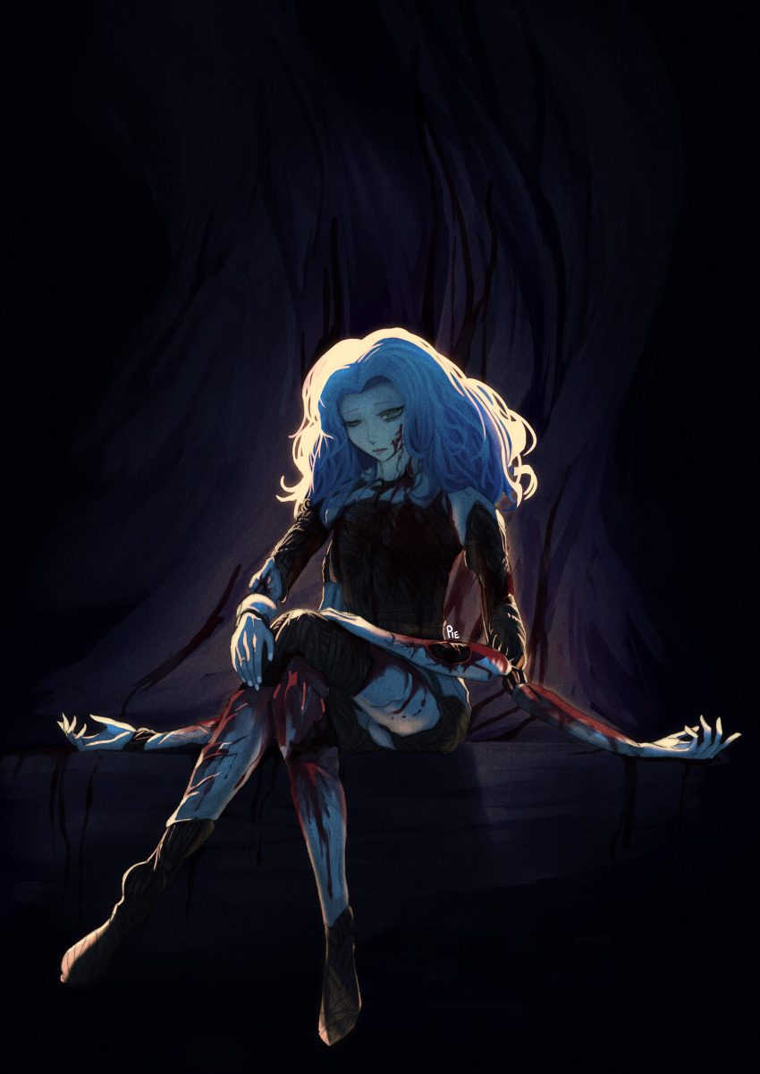 1girl absurdres big_hair blue_eyes blue_hair closed_mouth completely_nude crossed_legs elden_ring extra_arms fingernails green_eyes half-closed_eyes highres medium_hair nude one_eye_closed ranni_the_witch sitting solo spoilers tired unusualpie