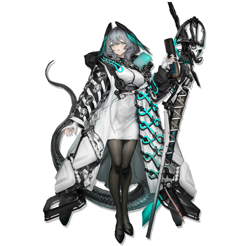 1girl arknights black_footwear black_pantyhose blush breasts coat dress fingerless_gloves full_body game_cg gloves green_eyes grey_hair head_wings highres ho&#039;olheyak_(arknights) large_breasts lm7_(op-center) looking_at_viewer medium_hair open_clothes open_coat pantyhose parted_lips pencil_dress short_dress simple_background solo sprite staff tachi-e tail transparent_background white_coat white_dress white_gloves wings