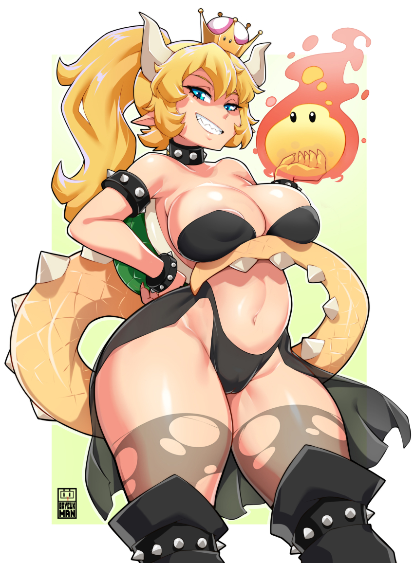 1girl armlet bare_shoulders bayeuxman bikini black_bikini blonde_hair blue_eyes bowsette breast_lift breasts collar crown dark-skinned_female dark_skin fire grey_background grey_thighhighs grin highres horns jewelry large_breasts looking_at_viewer mario_(series) navel new_super_mario_bros._u_deluxe nintendo pointy_ears ponytail shell simple_background sketch smile solo spiked_armlet spiked_collar spikes standing super_crown swimsuit tail teeth thighhighs torn_clothes torn_thighhighs