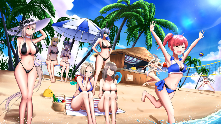 6+girls absurdres alternate_costume animal_band animal_ears aquila_(azur_lane) aquila_(sardegnian_shallows_and_sunshine)_(azur_lane) arm_garter ass azur_lane ball beach beach_umbrella beach_volleyball bikini black_bikini blonde_hair blue_eyes blue_sky bottle breasts charybdis_(azur_lane) cheshire_(azur_lane) cheshire_(summery_date!)_(azur_lane) choker closed_eyes cloud cloudy_sky eyewear_on_head fake_animal_ears green_eyes grey_hair hat highleg highleg_bikini highres hiryuu_(azur_lane) large_breasts long_hair luxe manjuu_(azur_lane) medium_breasts multicolored_hair multiple_girls navel new_jersey_(azur_lane) new_orleans_(azur_lane) north_carolina_(azur_lane) official_alternate_costume open_mouth palm_tree picnic_basket purple_bikini purple_choker rabbit_ears red_hair running san_diego_(azur_lane) side_ponytail sitting sky spread_legs standing strapless strapless_bikini streaked_hair summer sun_hat swimsuit thatched_roof tinted_eyewear tree umbrella very_long_hair volleyball volleyball_(object) volleyball_net water white_choker white_hair white_headwear