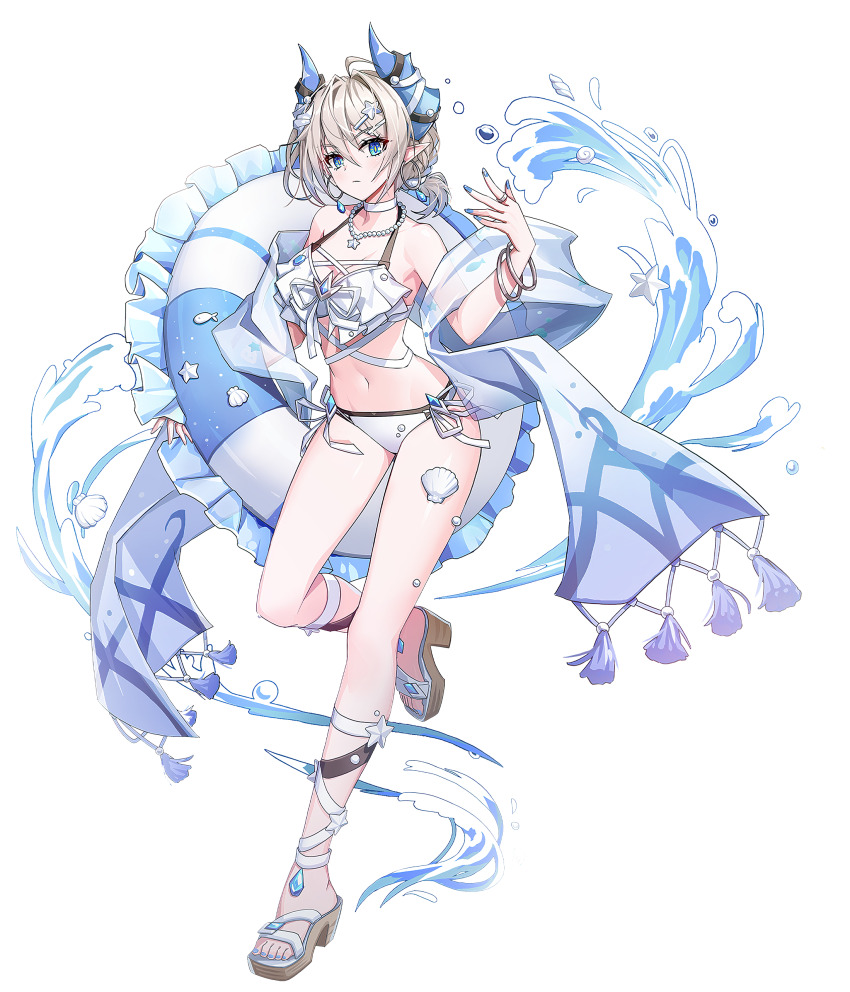 1girl absurdres bare_legs bikini blue_eyes blue_gemstone blue_horns braid breasts bubble choker cross-laced_clothes cross-laced_footwear crystal dragon_girl dragon_horns earrings frilled_bikini frills gem grand_chase grey_hair hair_ornament hairclip high_heel_sandals highres holding holding_swim_ring horns innertube jewelry medium_breasts medium_hair nail_polish necklace official_alternate_costume official_art pearl_necklace platform_sandals pointy_ears sandals seashell shawl shell side-tie_bikini_bottom slit_pupils solo swim_ring swimsuit tachi-e tassel tiamat_(grand_chase) transparent_background tsurime waves white_bikini white_choker white_shawl