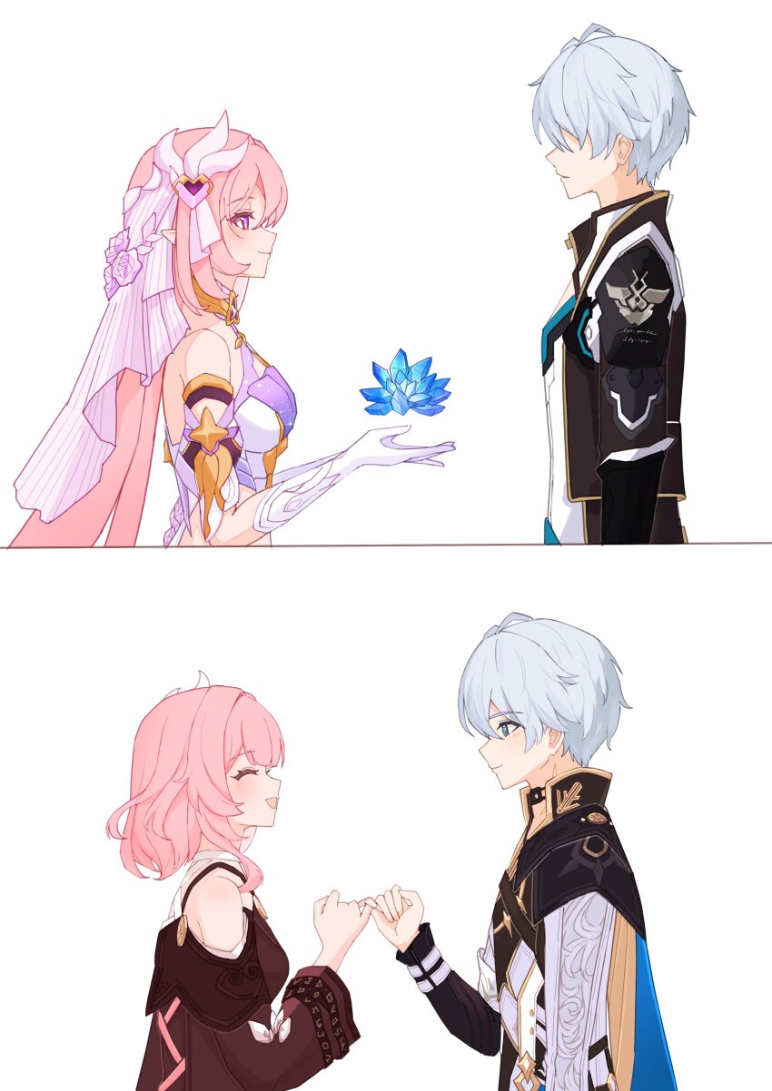 1boy absurdres black_jacket blue_eyes breasts brown_coat coat commentary_request company_connection corset crystal_flower cyrene_(honkai:_star_rail) elysia_(herrscher_of_human:_ego)_(honkai_impact) elysia_(honkai_impact) from_side gloves highres hino_satoshi honkai:_star_rail honkai_(series) honkai_impact_3rd inoue_marina jacket kevin_kaslana long_hair phainon_(honkai:_star_rail) pink_hair pinky_swear purple_eyes sazisazi50 short_hair smile trait_connection veil very_long_hair vest voice_actor_connection white_background white_corset white_gloves white_hair white_veil white_vest yanning