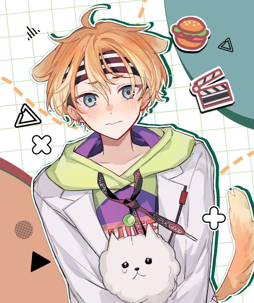 18trip 1boy ahoge animal_ears blue_eyes blush burger circle closed_mouth commentary food green_hood grid hair_between_eyes hashtag-only_commentary headband highres holding holding_stuffed_toy hood hood_down hoodie isotake_akuta jacket male_focus multicolored_clothes orange_hair otorrio short_hair solo stuffed_toy tail tearing_up tears upper_body white_jacket
