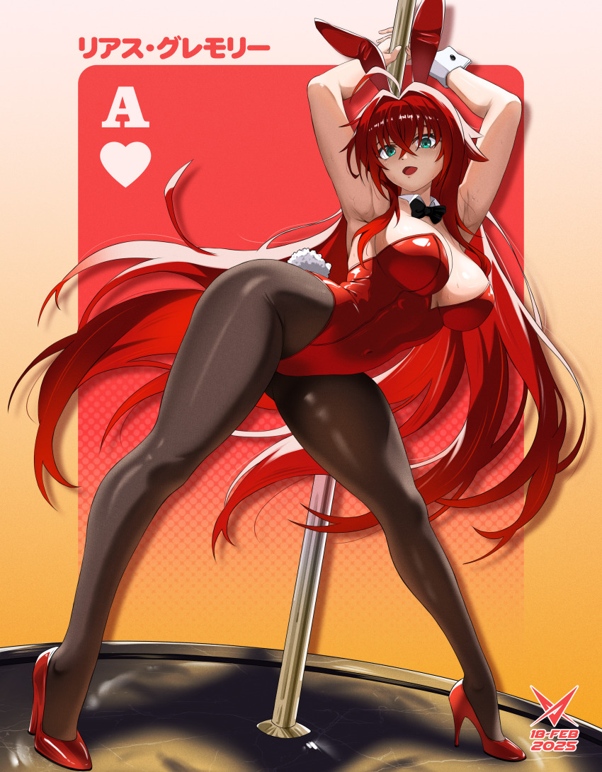 1girl absurdres ace_(playing_card) ace_of_hearts animal_ear_hairband animal_ears armpits black_bow black_bowtie black_pantyhose blue_eyes bow bowtie breasts card card_(medium) character_name commentary detached_collar english_commentary fake_animal_ears full_body gradient_background hair_between_eyes hairband heart high_heels high_school_dxd highres large_breasts legs leotard long_hair open_mouth orange_background pantyhose playboy_bunny playing_card pole pole_dancing rabbit_ears rabbit_tail red_hair red_leotard red_shoes rias_gremory shoes solo strapless strapless_leotard stripper_pole tail very_long_hair vraxtal wrist_cuffs