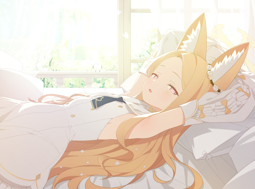 1girl animal_ear_fluff animal_ears armpits arms_up bird blonde_hair blue_archive blush bow breasts cross_halo detached_sleeves dress flower forehead fox_ears fox_girl game_cg gradient_eyes hair_flower hair_ornament halo highres indoors kokosando loli long-tailed_tit long_hair looking_at_viewer lying multicolored_eyes necktie official_art on_back on_bed open_mouth parted_bangs parted_lips pillow pink_eyes seia_(blue_archive) sleeve_bow sleeveless sleeveless_dress sleeves_past_fingers sleeves_past_wrists small_breasts solo tit_(bird) very_long_hair white_bird white_bow white_dress white_sleeves window yellow_bow yellow_halo