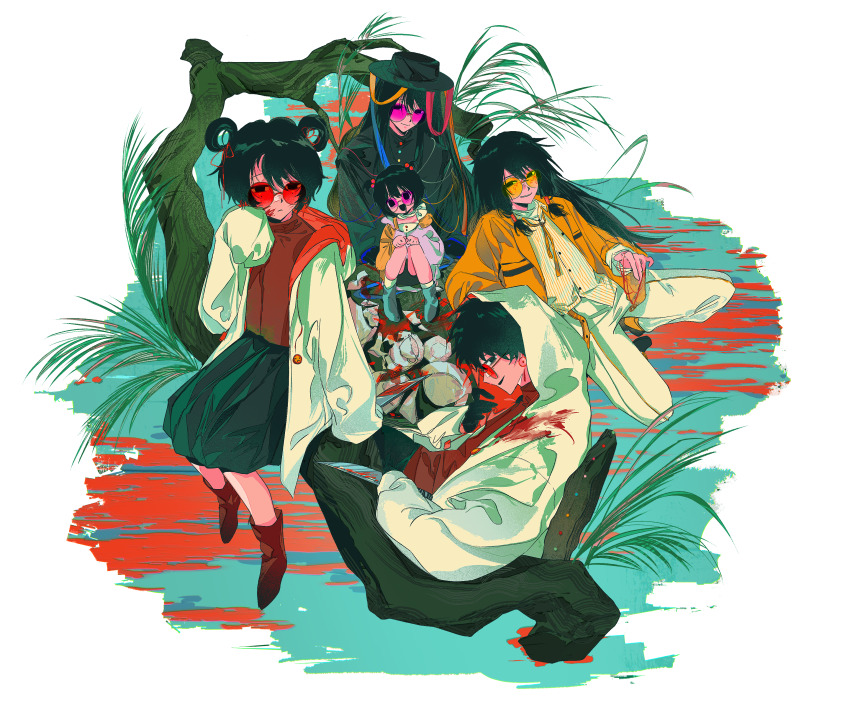 2girls 3boys absurdres black_coat black_gloves black_hair black_hat black_skirt blood blood_on_clothes blue_boots blue_ribbon boots chinese_commentary coat commentary_request earrings facepaint gloves hair_ribbon hair_rings haoyueqianli711 hat highres hood hood_up hooded_coat huai_huizhi huai_yunqing jacket jewelry li_yuting_(female) li_yuting_(male) long_sleeves mole mole_under_each_eye mole_under_eye multiple_boys multiple_girls multiple_moles open_clothes open_coat open_jacket pants pink-tinted_eyewear red-tinted_eyewear red_boots red_ribbon red_shirt ribbon round_eyewear shirt short_hair sitting skirt striped_clothes striped_shirt tinted_eyewear touqi_guaitan vertical-striped_clothes vertical-striped_shirt white_coat white_pants white_shirt yellow_jacket yellow_ribbon ziche_fuzhao