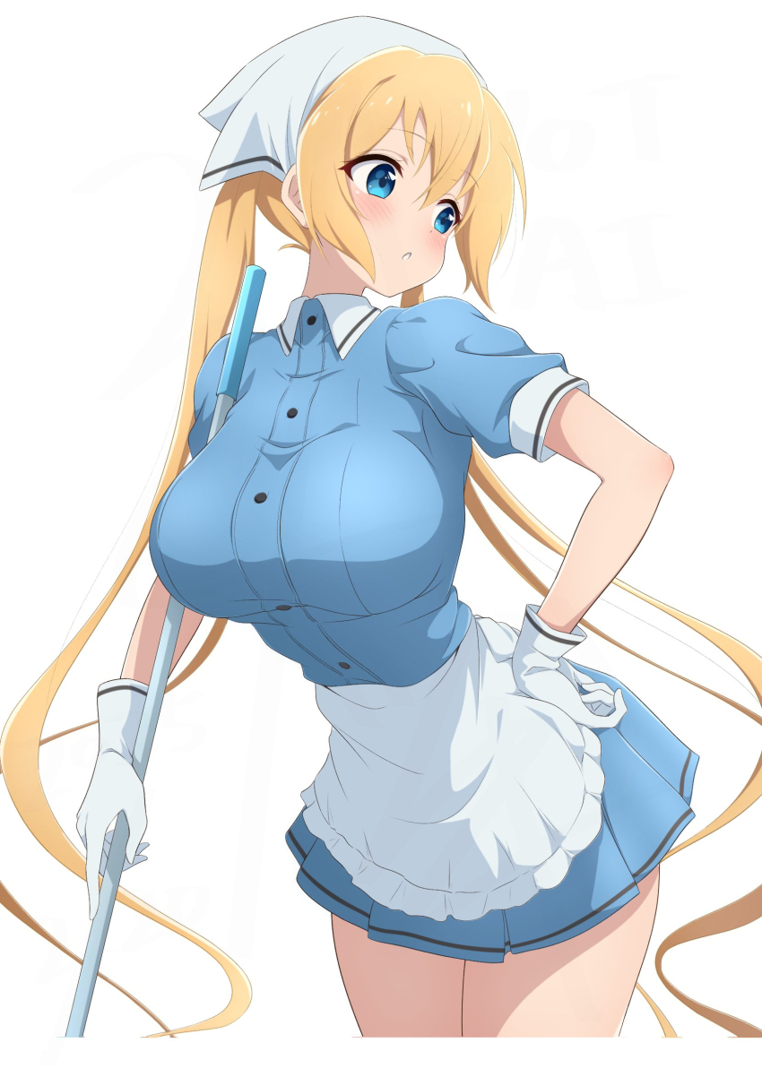 1girl apron blend_s blonde_hair blue_eyes blue_shirt blue_skirt blush breasts collared_shirt commentary_request cowboy_shot frilled_apron frills gloves hand_on_own_hip headscarf highres hinata_kaho holding large_breasts long_hair looking_to_the_side nishizuki_shino open_mouth pleated_skirt shirt short_sleeves skirt solo stile_uniform twintails very_long_hair waist_apron waitress white_apron white_gloves white_headscarf
