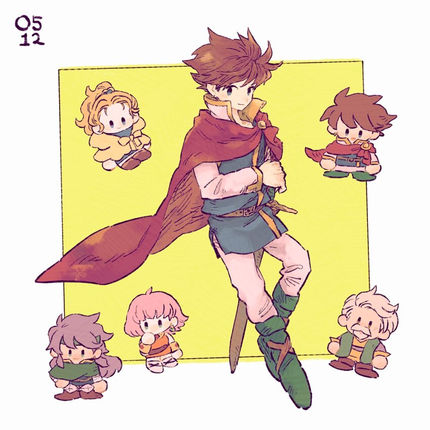 2boys 3girls bartz_klauser belt blonde_hair blue_tunic boots border brown_hair cardigan chibi chibi_inset cloak dated dress facial_hair faris_scherwiz final_fantasy final_fantasy_v galuf_halm_baldesion grandfather_and_granddaughter green_cloak green_footwear green_headband green_vest grey_hair hair_bobbles hair_ornament headband highres knee_pads krile_mayer_baldesion_(ff5) lenna_charlotte_tycoon long_hair multiple_boys multiple_girls mustache nobu_(25mark) old old_man orange_dress pants pink_hair ponytail popped_collar purple_hair red_cloak shirt short_hair siblings sisters sword tunic vest weapon white_border white_pants white_shirt yellow_background yellow_cardigan
