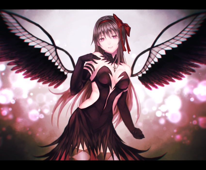 10s 1girl akemi_homura akuma_homura argyle_clothes argyle_thighhighs bare_shoulders black_dress black_gloves black_hair cowboy_shot dress elbow_gloves female_focus gloves letterboxed light_smile long_hair looking_at_viewer mahou_shoujo_madoka_magica mahou_shoujo_madoka_magica:_hangyaku_no_monogatari mstm purple_eyes solo spoilers thighhighs wings