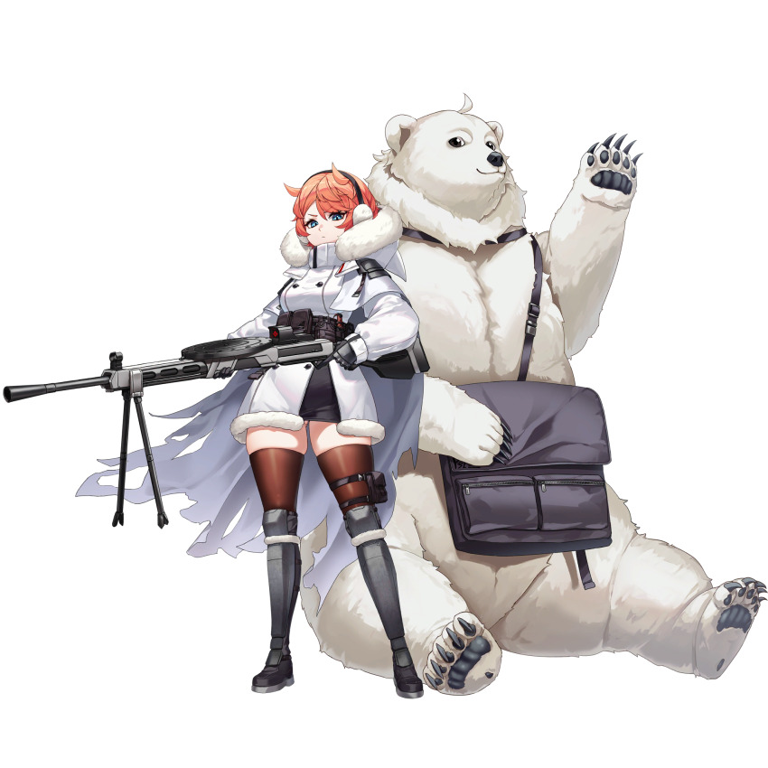 1girl animal antenna_hair armored_boots armored_gloves bag bear belt bipod black_bag black_belt black_boots black_gloves blue_eyes boots breasts brown_thighhighs buttons cape check_weapon claws closed_mouth coat d-log double-breasted earmuffs full_body fur-trimmed_coat fur-trimmed_hood fur_trim gloves gluteal_fold gun high_collar highres holding holding_gun holding_weapon hood knee_boots knee_pads last_origin legs_apart light_machine_gun looking_at_viewer machine_gun medium_breasts mole mole_on_ass multicolored_coat official_art orange_hair partially_unzipped pixie_(last_origin) polar_bear pouch ryan_(last_origin) scope short_hair shoulder_bag simple_background sitting skindentation smile solo standing tachi-e thick_thighs thigh_pouch thighhighs thighs third-party_source torn_cape torn_clothes transparent_background trigger_discipline two-tone_coat v-shaped_eyebrows waving_arm weapon weapon_request white_cape white_coat white_fur zettai_ryouiki