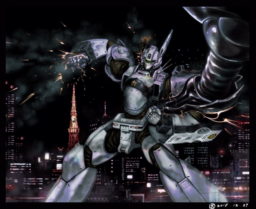 av-98_ingram black_border border clenched_hand damaged dated fighting highres kidou_keisatsu_patlabor mecha night night_sky ohtagaki_yasuo open_hand radio_antenna robot science_fiction sky skyline solo_focus type_j-9_griffon
