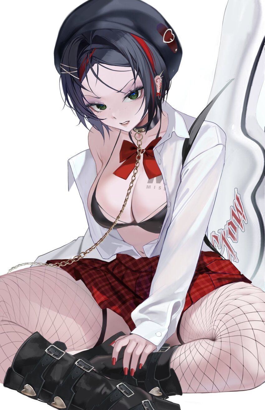 1girl alternate_costume beret black_bra black_hair bow bowtie bra breast_tattoo breasts chain chain_leash commentary commission crow_(nikke) ear_piercing english_commentary fishnet_pantyhose fishnets goddess_of_victory:_nikke gold_chain green_eyes guitar hat highres indian_style instrument large_breasts leash looking_at_viewer midriff miniskirt multicolored_hair navel pantyhose piercing red_bow red_bowtie red_hair red_skirt shirt short_hair simple_background sitting skirt solo streaked_hair tattoo two-tone_hair underwear uyuri_(89976220) white_background white_shirt