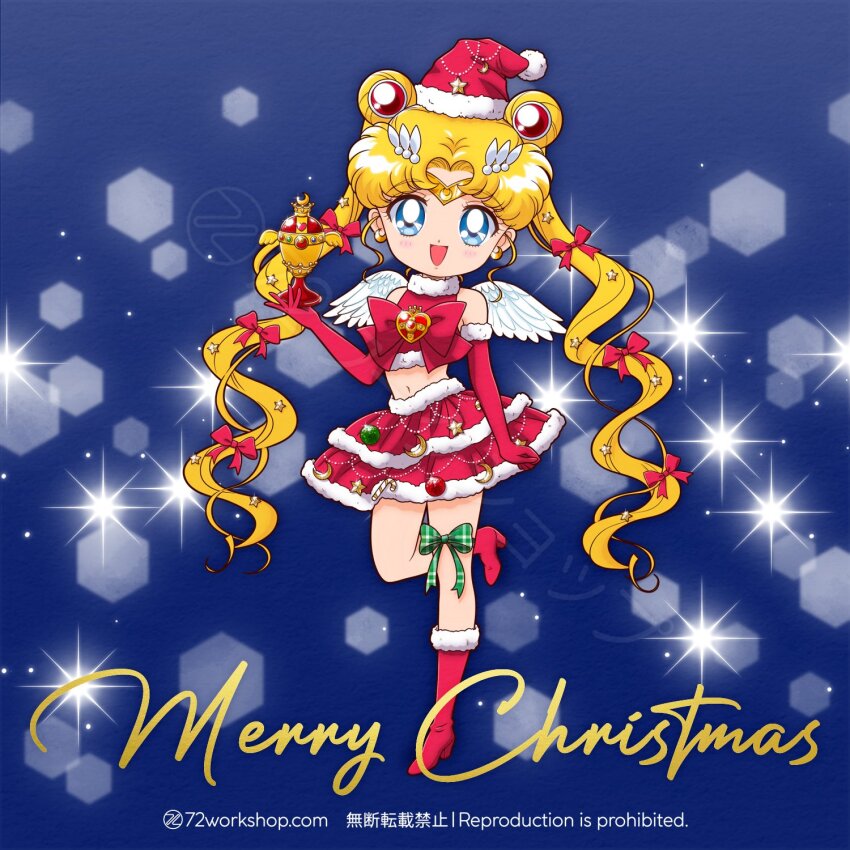 72workshop angel_wings bare_shoulders bishoujo_senshi_sailor_moon blonde_hair blue_eyes boots bow bowtie christmas circlet double_bun earrings elbow_gloves gloves hair_bun hat high_collar high_heel_boots high_heels highres jewelry long_hair looking_at_viewer merry_christmas midriff miniskirt navel red_boots red_bow red_bowtie red_gloves red_skirt red_tank_top sailor_moon santa_hat skirt smile tank_top tsukino_usagi twintails wings