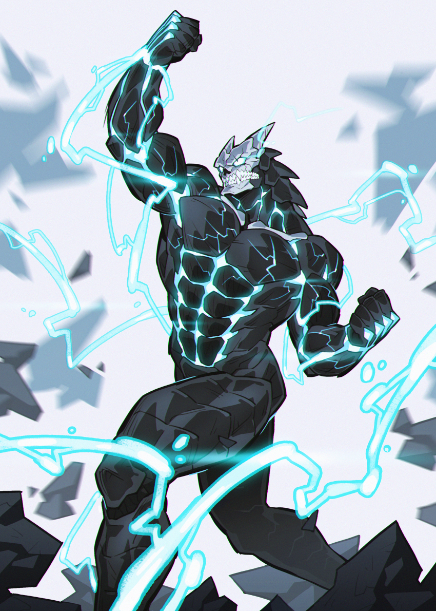 1boy abs absurdres attack biceps black_skin clenched_hands colored_skin commentary_request electricity eye_trail feet_out_of_frame floating_rock ground_shatter hibino_kafka highres kaijuu_no._8 light_trail looking_up male_focus monster_boy muscular muscular_male onion_maru pectorals sharp_teeth solo standing teeth