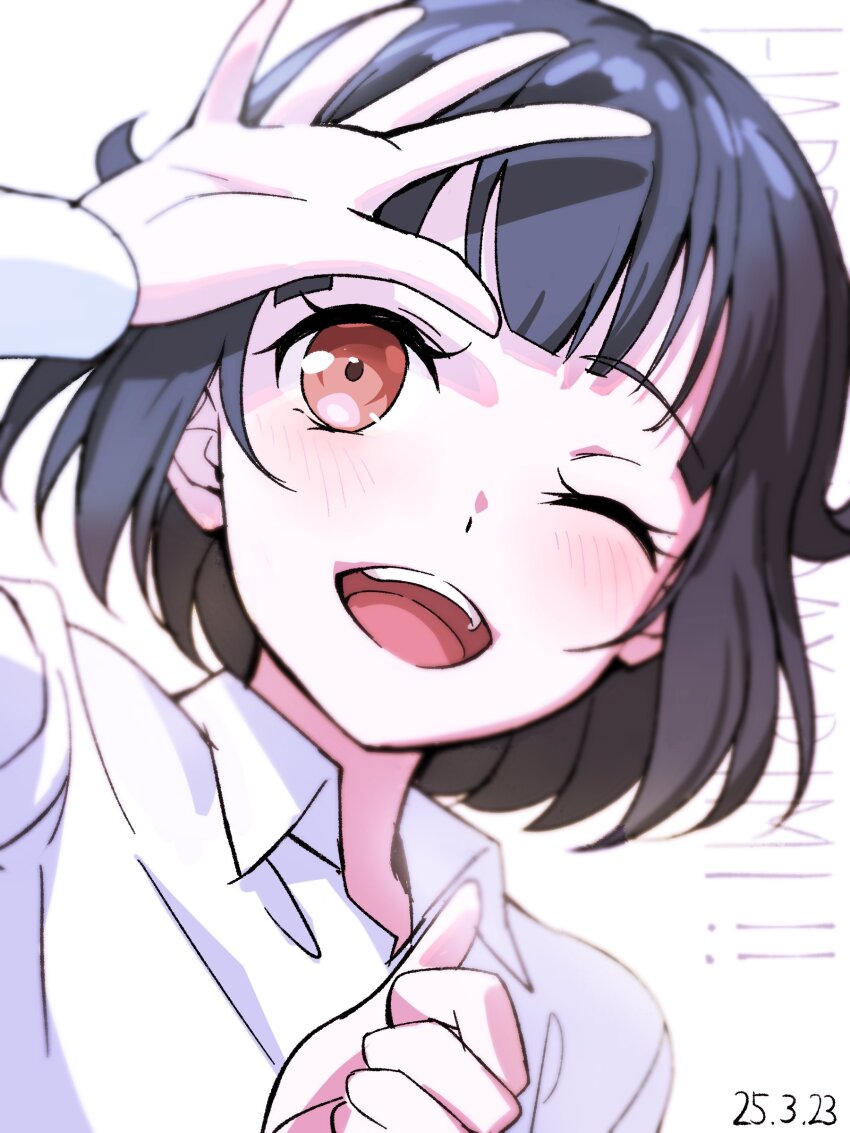 1girl absurdres bang_dream! black_hair blush brown_hair character_name dated happy_birthday highres nobusawa_osamu one_eye_closed open_mouth red_eyes shirt short_hair simple_background smile solo upper_body ushigome_rimi white_background