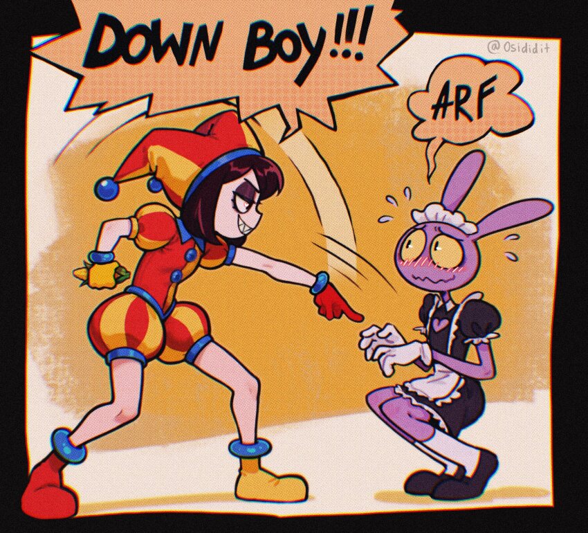 1boy 1girl alternate_costume animal_ears asymmetrical_gloves black_shoes blush closed_mouth colored_sclera colored_skin corn down_boy!!_(meme) english_text enmaided evil_pomni_(the_amazing_digital_circus) flying_sweatdrops furry furry_male gloves half-closed_eyes hat highres holding_corn jax_(the_amazing_digital_circus) jester_cap looking_at_another maid meme mismatched_gloves official_alternate_costume osidid parted_lips pointing pointing_at_another pomni_(the_amazing_digital_circus) puffy_short_sleeves puffy_sleeves rabbit_boy rabbit_ears sharp_teeth shoes short_sleeves smile socks speech_bubble squatting teeth the_amazing_digital_circus twitter_username white_skin white_socks yellow_sclera