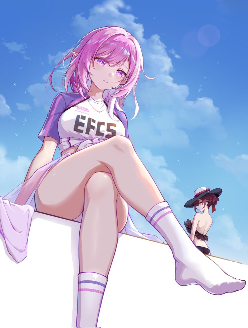 2girls bikini black_bikini breasts brown_hair clothes_writing crossed_legs diamond-shaped_pupils diamond_(shape) eden_(honkai_impact) elf elysia_(herrscher_of_human:_ego)_(honkai_impact) elysia_(honkai_impact) elysia_(summer_2024)_(honkai_impact) feet hat highres honkai_(series) honkai_impact_3rd large_breasts looking_at_viewer multiple_girls no_shoes official_alternate_costume pink_hair pointy_ears purple_eyes setsu_(qjsj1993aa) shirt short_hair sitting socks sun_hat swimsuit symbol-shaped_pupils thighs tied_shirt two-tone_shirt white_socks