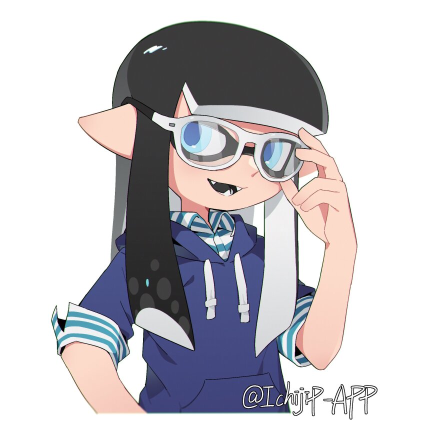1girl adjusting_eyewear artist_name black_hair black_tongue blue_eyes blue_hoodie blue_shirt blunt_bangs collared_shirt commentary cropped_torso drawstring fangs glasses hand_on_eyewear highres hood hood_down hoodie ichijip_app inkling inkling_girl inkling_player_character long_hair looking_at_viewer nintendo open_mouth pointy_ears shirt smile solo splatoon_(series) striped_clothes striped_shirt symbol-only_commentary tentacle_hair two-tone_shirt white-framed_eyewear white_background white_shirt