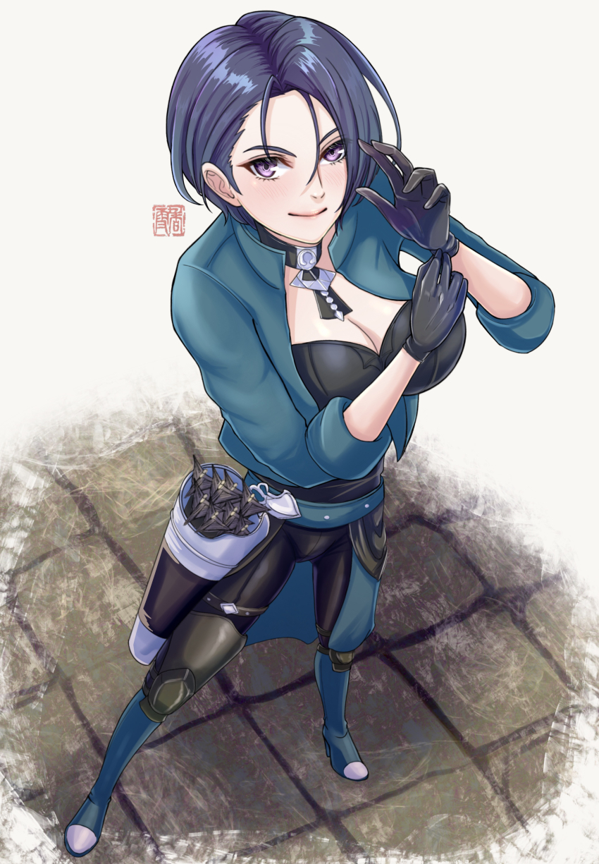 1girl absurdres breasts cleavage fire_emblem fire_emblem:_three_houses gloves highres large_breasts looking_at_viewer nintendo purple_eyes purple_hair shamir_nevrand solo