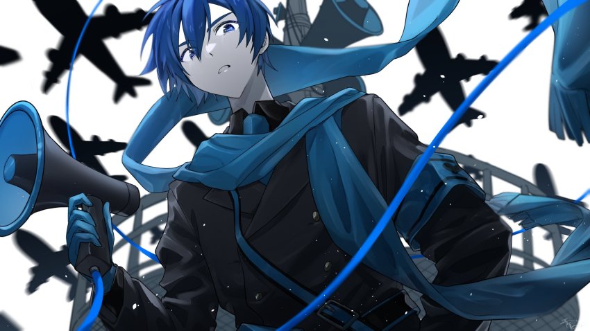 1boy aircraft airplane armband b-52_stratofortress black_gloves black_jacket black_shirt blue_eyes blue_hair blue_scarf collared_shirt colored_skin from_below gloves grey_skin hair_between_eyes hand_on_own_hip heart heart_print highres holding holding_megaphone jacket kaito_(vocaloid) koi_wa_sensou_(vocaloid) limited_palette long_sleeves looking_down megaphone pale_skin parang_99 parted_lips radio_tower scarf shirt short_hair silhouette solo vocaloid
