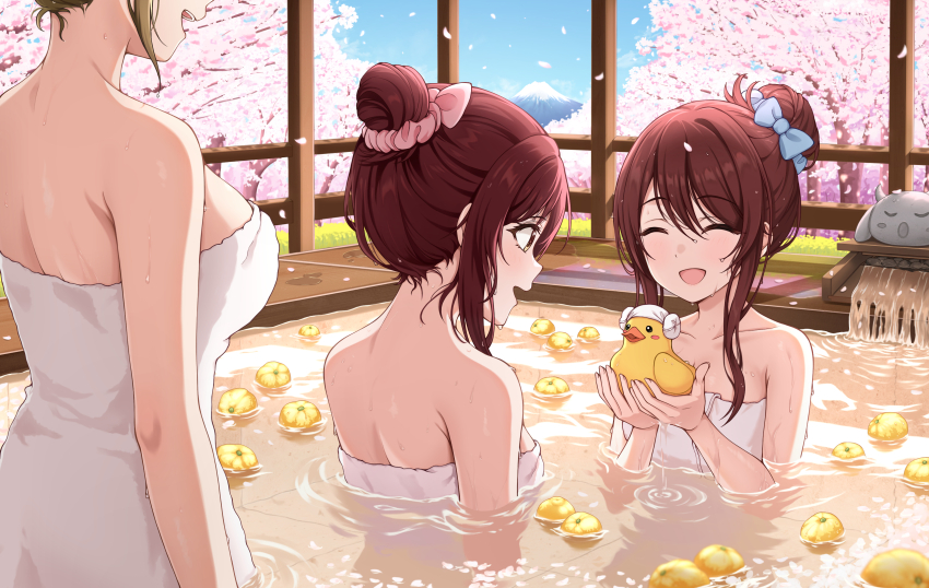3girls ^_^ absurdres alstroemeria_(idolmaster) bath breasts brown_hair cherry_blossoms closed_eyes collarbone commentary_request falling_petals food fruit highres idolmaster idolmaster_shiny_colors kuwayama_chiyuki large_breasts looking_at_object mountain multiple_girls naked_towel ofuro osaki_amana osaki_tenka partially_submerged petals refraction rubber_duck sorugi_park towel water_drop yuzu_(fruit) yuzu_bath