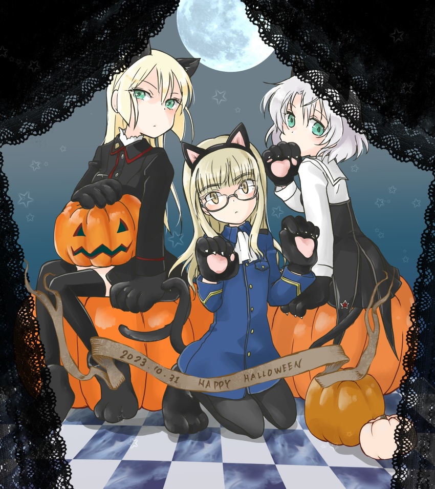 3girls absurdres animal_ears black_jacket black_thighhighs blonde_hair blue_jacket cat_ears cat_girl cat_tail curtains fake_animal_ears full_moon glasses halloween heinrike_prinzessin_zu_sayn-wittgenstein highres jack-o&#039;-lantern jacket kanai kneeling long_hair looking_at_viewer military military_uniform moon multiple_girls neckerchief noble_witches perrine_h._clostermann pumpkin sanya_v._litvyak short_hair sitting star_(symbol) strike_witches tail thighhighs white_hair world_witches_series yellow_eyes