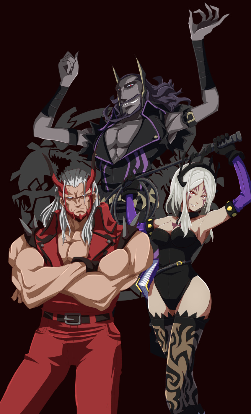 1girl 2boys absurdres aversa_(fire_emblem) belt black_background book commission commissioner_upload cosplay dark-skinned_female dark_skin double_dragon facial_mark facial_tattoo fake_horns fire_emblem fire_emblem_awakening helmet highres horned_helmet horns kunio-kun_series multiple_boys nintendo non-web_source sakurajyousui_nami shoulder_spikes sleeveless sleeveless_jacket spikes tattoo thighhighs tiara validar_(fire_emblem) walhart_(fire_emblem) whip white_hair