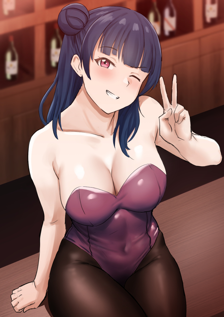 1girl bar black_pantyhose blue_hair blush breasts cleavage covered_navel hair_bun highres kiru_(bsesso) leotard long_hair love_live! love_live!_sunshine!! medium_breasts one_eye_closed pantyhose pink_eyes purple_leotard side_bun single_hair_bun sitting smile solo tsushima_yoshiko v wink