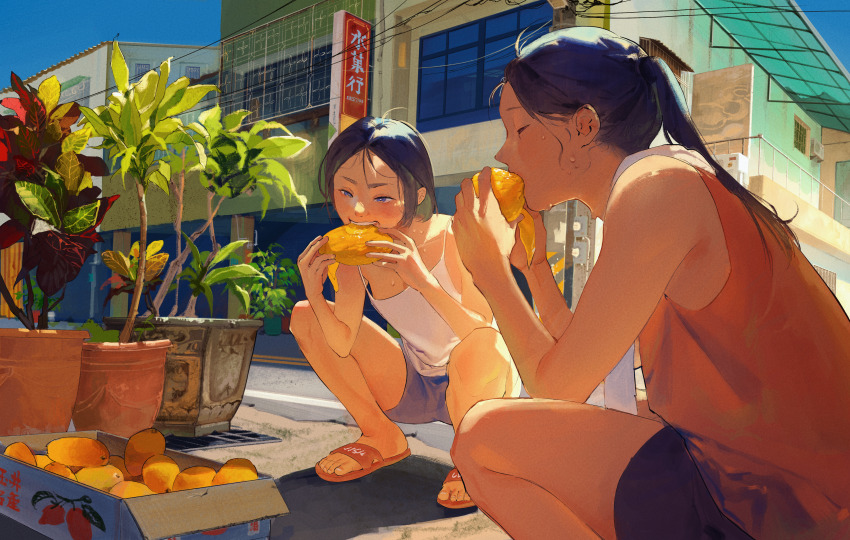 2girls absurdres amo_(amo_0514) armpit_crease awning balcony bare_arms bare_legs bare_shoulders biting black_hair black_shorts blue_eyes blue_shorts blue_sky blush box breasts building camisole cardboard_box cleavage closed_eyes collarbone commentary_request condenser_unit day downblouse eating feet_out_of_frame flower_pot food from_side fruit fruit_request full_body handrail hands_up head_tilt highres holding holding_food holding_fruit hot long_hair multiple_girls no_bra open_mouth original outdoors parted_bangs plant plant_request ponytail potted_plant power_lines profile railing red_sandals red_shirt road sandals shadow shirt short_hair shorts sidelocks sign sky sleeveless sleeveless_shirt slides small_breasts squatting street summer sunlight sweat teeth toenails toes towel towel_around_neck utility_pole white_camisole window