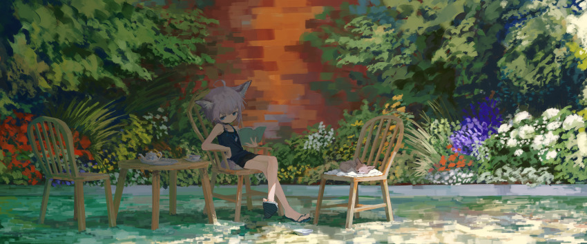 1girl absurdres animal_ears arknights armchair black_camisole black_skirt blue_eyes book camisole chair codemoretech crossed_legs cup dated_commentary day expressionless flip-flops flower foliage fox fox_ears fox_girl fox_tail garden highres holding holding_book looking_at_viewer material_growth miniskirt no_jacket on_chair open_book oripathy_lesion_(arknights) outdoors pencil_skirt purple_flower purple_hair red_flower sandals shade short_hair sitting skirt sleeping_animal solo sussurro_(arknights) table tail tea_set teacup teapot white_flower wide_shot wooden_chair wooden_table yellow_flower