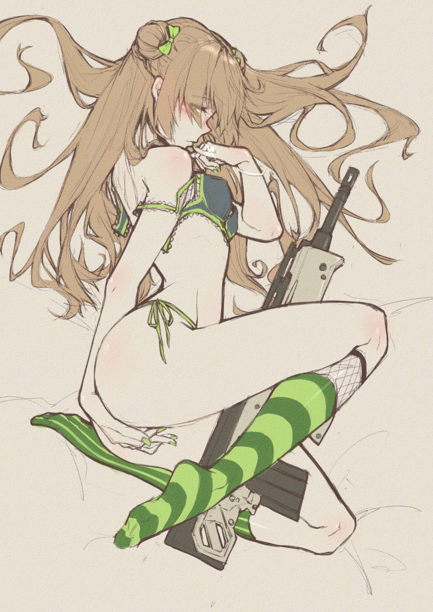 1girl absurdres ahoge ass assault_rifle bangle blush bow bra bracelet breasts brown_hair bullpup cyta_celest double_bun eyes_visible_through_hair female_focus finger_to_mouth girls&#039;_frontline green_eyes green_nails green_panties green_socks gun hair_bow hair_bun half-closed_eyes highleg highleg_panties highres jewelry kel-tec_rfb kneehighs long_hair looking_at_viewer lying medium_breasts nail_polish on_side open_bra panties parted_lips pinky_to_mouth rfb_(girls&#039;_frontline) rifle semi-automatic_rifle side-tie_panties smile socks solo striped_clothes striped_socks thighs underwear undone_bra vertical-striped_clothes vertical-striped_socks weapon