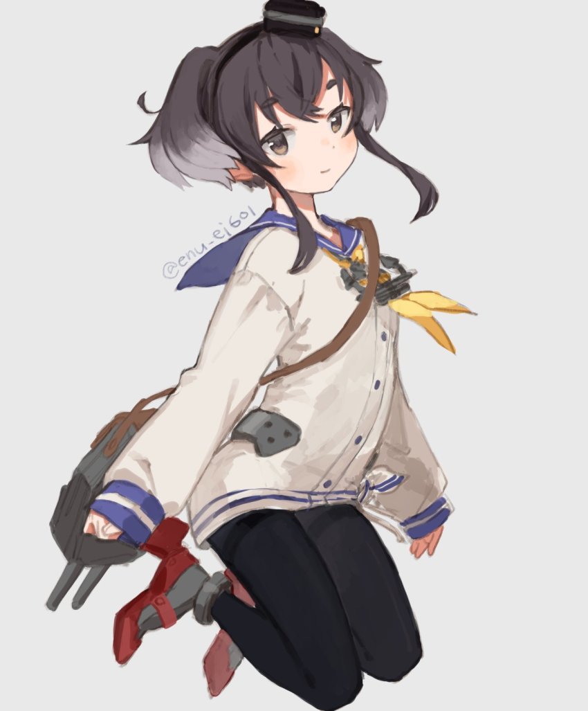 1girl black_hair black_pantyhose blue_sailor_collar blush brown_eyes dress full_body grey_background grey_hair highres kantai_collection karamomo long_sleeves looking_at_viewer multicolored_hair one-hour_drawing_challenge pantyhose rigging rudder_footwear sailor_collar sailor_dress shirt short_hair_with_long_locks simple_background solo tied_shirt tokitsukaze_(kancolle) twitter_username white_dress yellow_neckwear