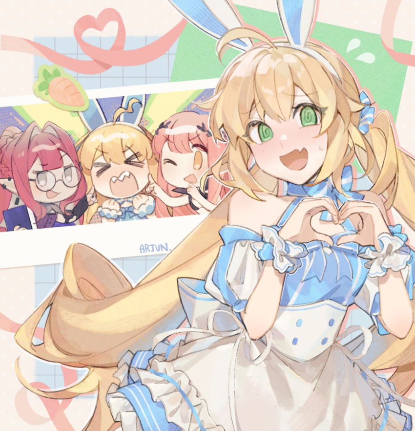 &gt;o&lt; 3girls @_@ absurdres animal_ears artoria_caster_(fate) artoria_caster_(swimsuit)_(fate) artoria_caster_(swimsuit)_(second_ascension)_(fate) artoria_caster_(swimsuit_berserker)_(fate) artoria_caster_(swimsuit_berserker)_(second_ascension)_(fate) artoria_pendragon_(fate) baobhan_sith_(fate) baobhan_sith_(swimsuit_pretender)_(fate) baobhan_sith_(swimsuit_pretender)_(second_ascension)_(fate) bare_shoulders blonde_hair blue_dress blush breasts citrusarjun cnoc_na_riabh_(fate) dress fake_animal_ears fang fate/grand_order fate_(series) green_eyes grey_eyes heart heart_hands highres medb_(fate) multiple_girls open_mouth pink_hair pointy_ears rabbit_ears round_eyewear sharp_teeth sidelocks skin_fang smile teeth twintails two-tone_dress white_dress wrist_cuffs yellow_eyes