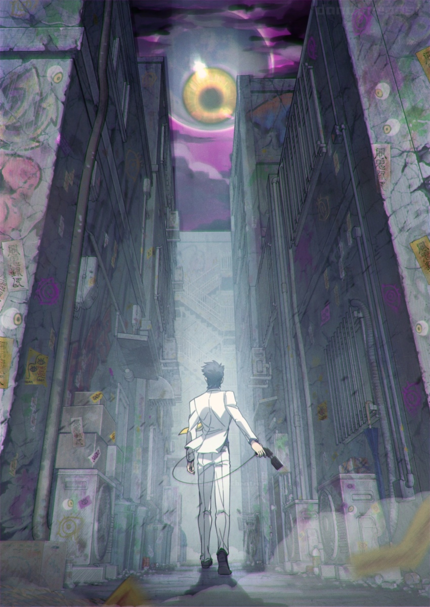 1boy alley balcony black_footwear black_hair building cable concrete condenser_unit crack cracked_floor devil_summoner:_soul_hackers devil_summoner_(series) facing_away graffiti gun highres holding holding_gun holding_weapon industrial_pipe jacket kuzunoha_kyouji looking_at_object male_focus maze necktie night night_sky open_clothes open_jacket outdoors outstretched_arm pants pebble rock rubble sky stairs sticker tori_(bromaticbrotrap) walking_away weapon white_jacket white_pants wind wire yellow_eyes yellow_necktie
