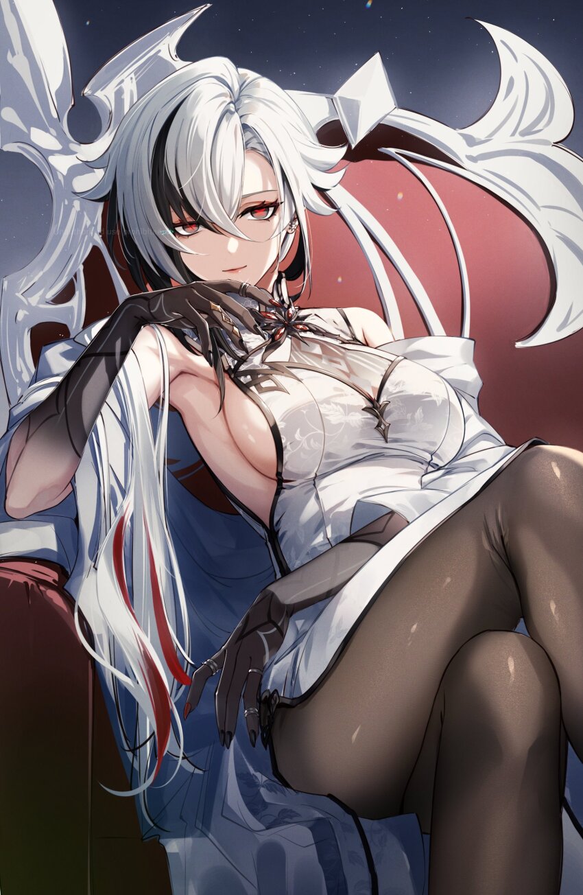 1girl absurdres arlecchino_(genshin_impact) black_hair black_pantyhose breasts crossed_legs dress genshin_impact highres itsumono_katze jewelry large_breasts long_hair multicolored_hair pantyhose red_hair red_pupils ring sideboob sitting solo symbol-shaped_pupils white_dress white_hair