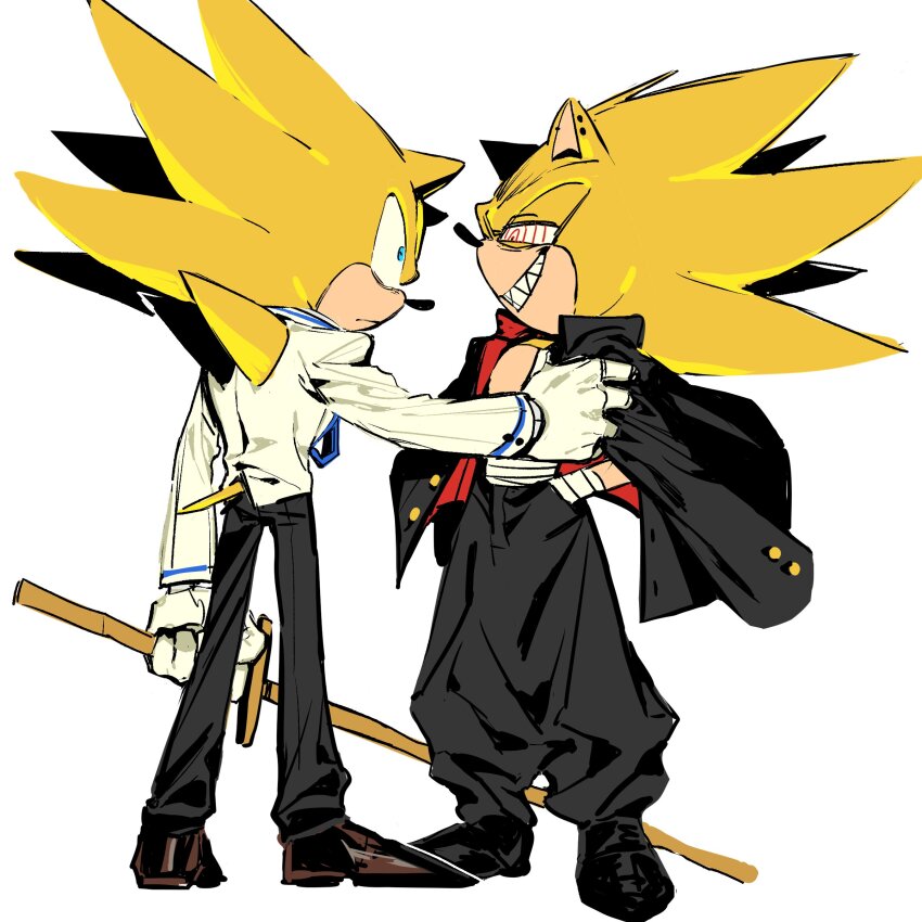 absurdres alternate_costume alternate_form animal_nose banchou blue_hair crazy_eyes delinquent diamondx1704 ear_piercing evil_eyes evil_grin evil_smile fleetway_super_sonic frown grin highres jacket open_clothes open_jacket piercing smile sonic_(series) sonic_frontiers sonic_the_comic sonic_the_hedgehog super_sonic super_sonic_2 sword weapon wooden_sword
