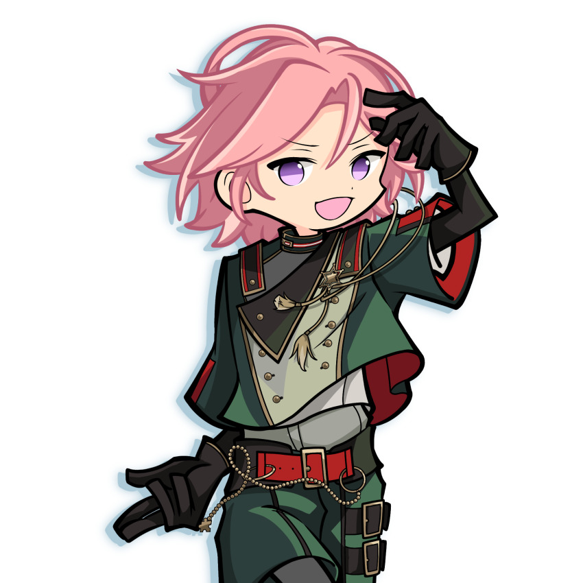 1boy aiguillette arm_at_side arm_up belt belt_buckle wallet_chain black_gloves buckle cowboy_shot crossed_legs curtained_hair deformed drop_shadow ensemble_stars! gloves green_jacket green_shorts highres jacket layered_sleeves long_sleeves looking_at_viewer male_focus medium_hair multiple_belts no_pupils open_mouth otakumodoki oukawa_kohaku parody pink_hair purple_eyes puyopuyo puyopuyo_20th_anniversary red_belt short_over_long_sleeves short_sleeves shorts simple_background solo style_parody thigh_belt thigh_strap transparent_background turning_head two-sided_sleeves watson_cross wind