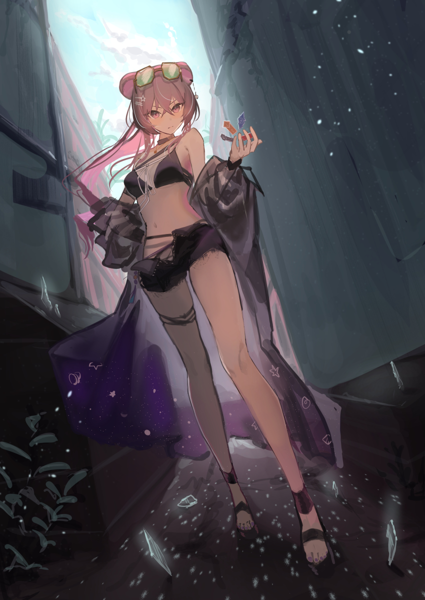1girl absurdres alley animal_ears arknights bikini black_bikini black_jacket black_sandals black_shorts blue_sky breasts commentary_request crossed_bangs day ear_piercing eyewear_on_head glass_shards green-tinted_eyewear hair_between_eyes hair_ornament hairclip hand_up highres jacket lin_(arknights) long_hair mouse_ears mouse_girl natsuba002 navel off_shoulder official_alternate_costume open_fly piercing pink_hair sandals see-through_clothes see-through_jacket shorts sky small_breasts solo standing star_(symbol) star_hair_ornament stomach sunglasses swimsuit tinted_eyewear